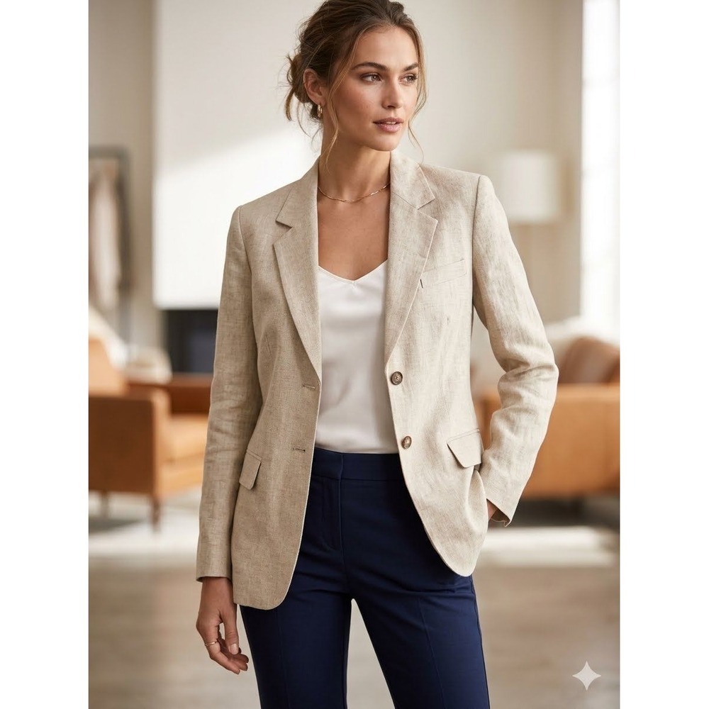 INC International Concepts Womens Beige 100% Linen Two Button Blazer Jacket M